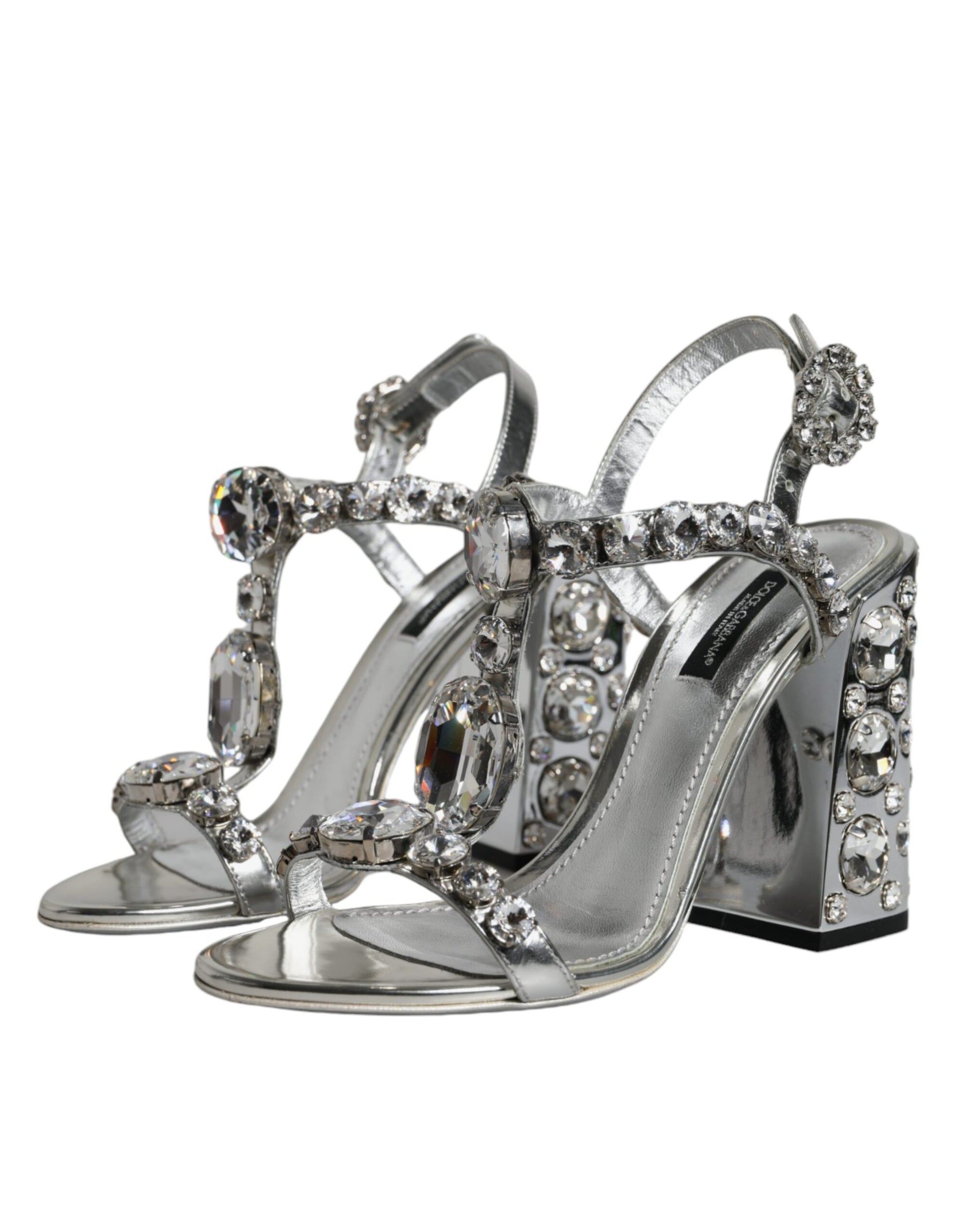 Dolce & Gabbana Silver Leather T-strap Crystal Sandals Shoes