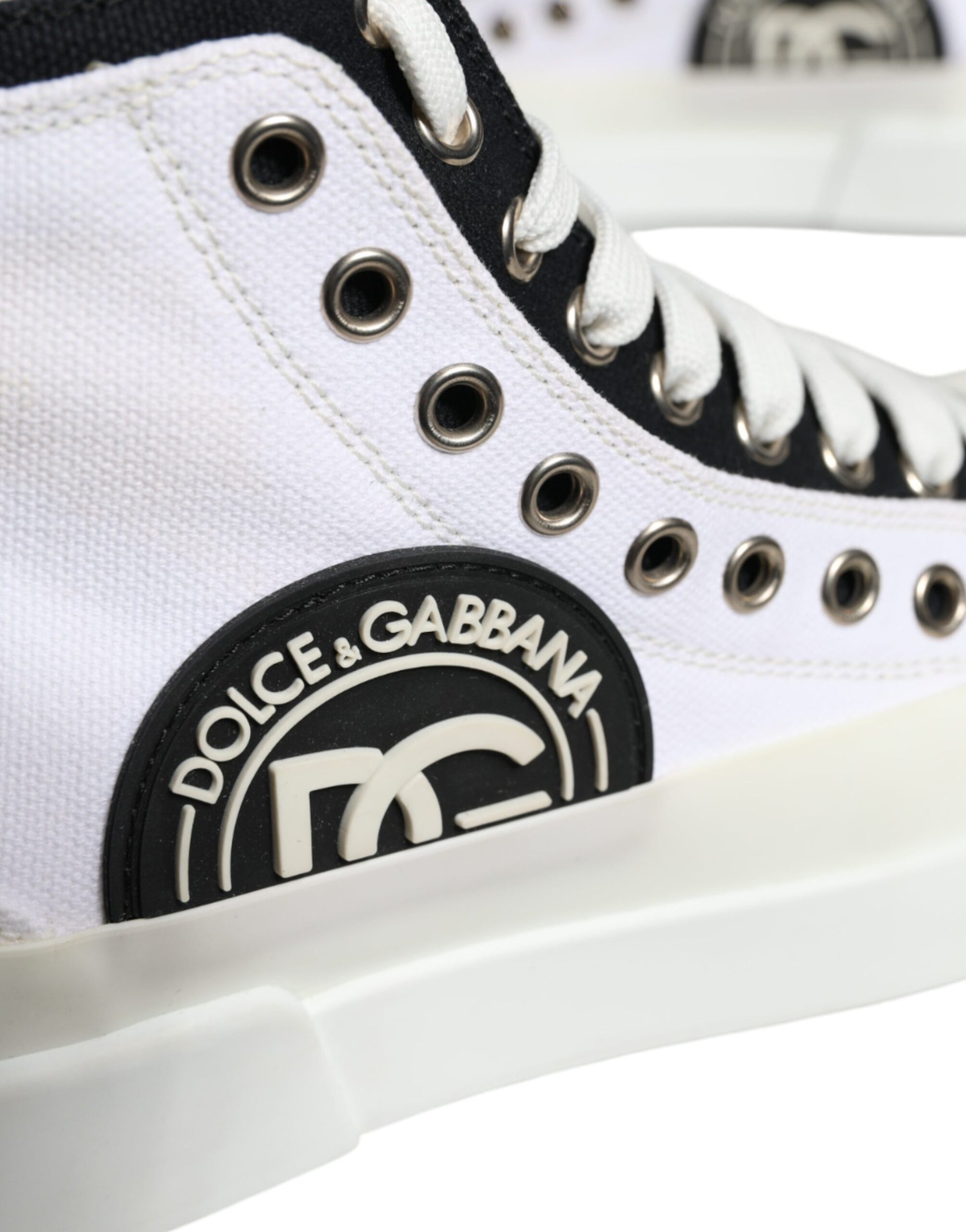 Dolce & Gabbana White Black Canvas Logo Mid Top Sneakers Shoes