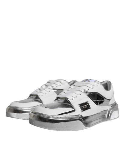 Dolce & Gabbana White Silver Leather Low Top Sneakers Shoes