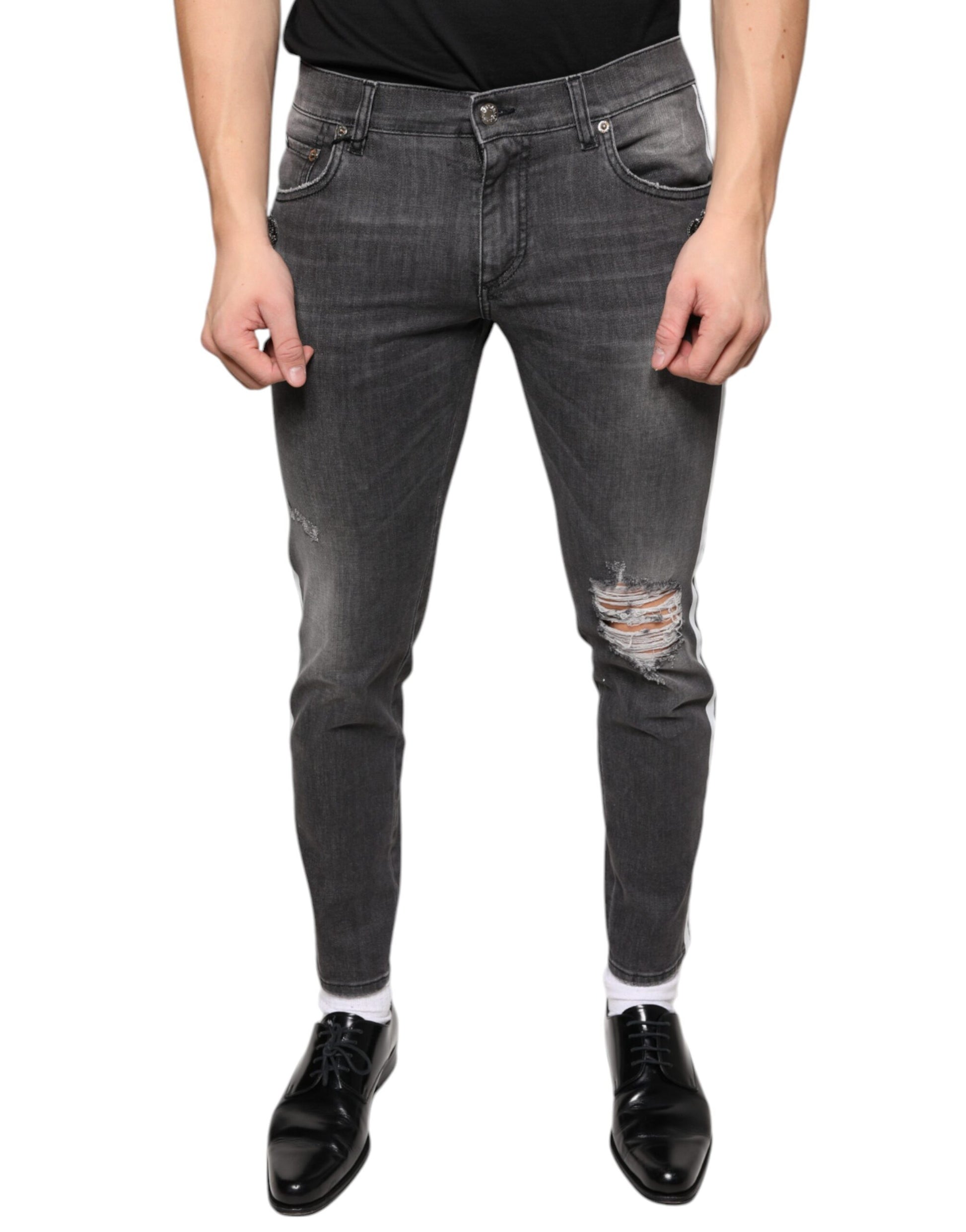 Dolce & Gabbana Black Tattered Cotton Skinny Men Denim Jeans