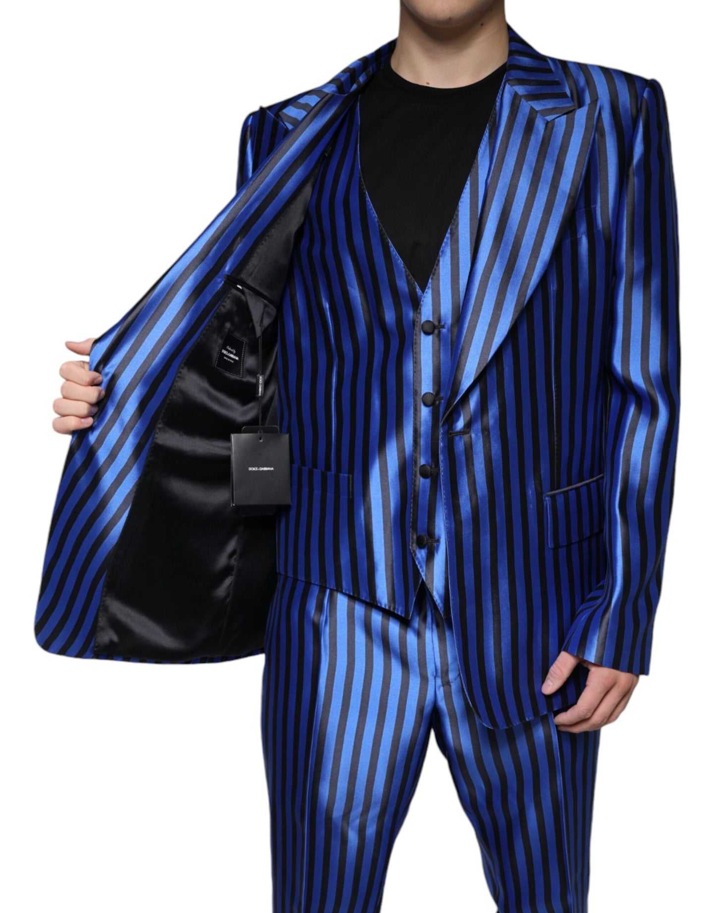 Dolce & Gabbana Metallic Blue Stripes Formal 3 Piece Suit