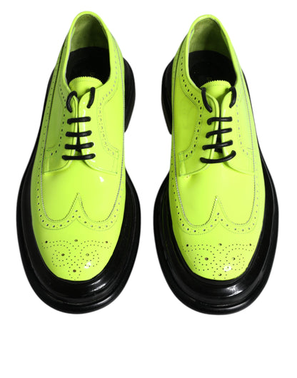 Dolce & Gabbana Neon Green Leather Lace Up Derby Dress Shoes