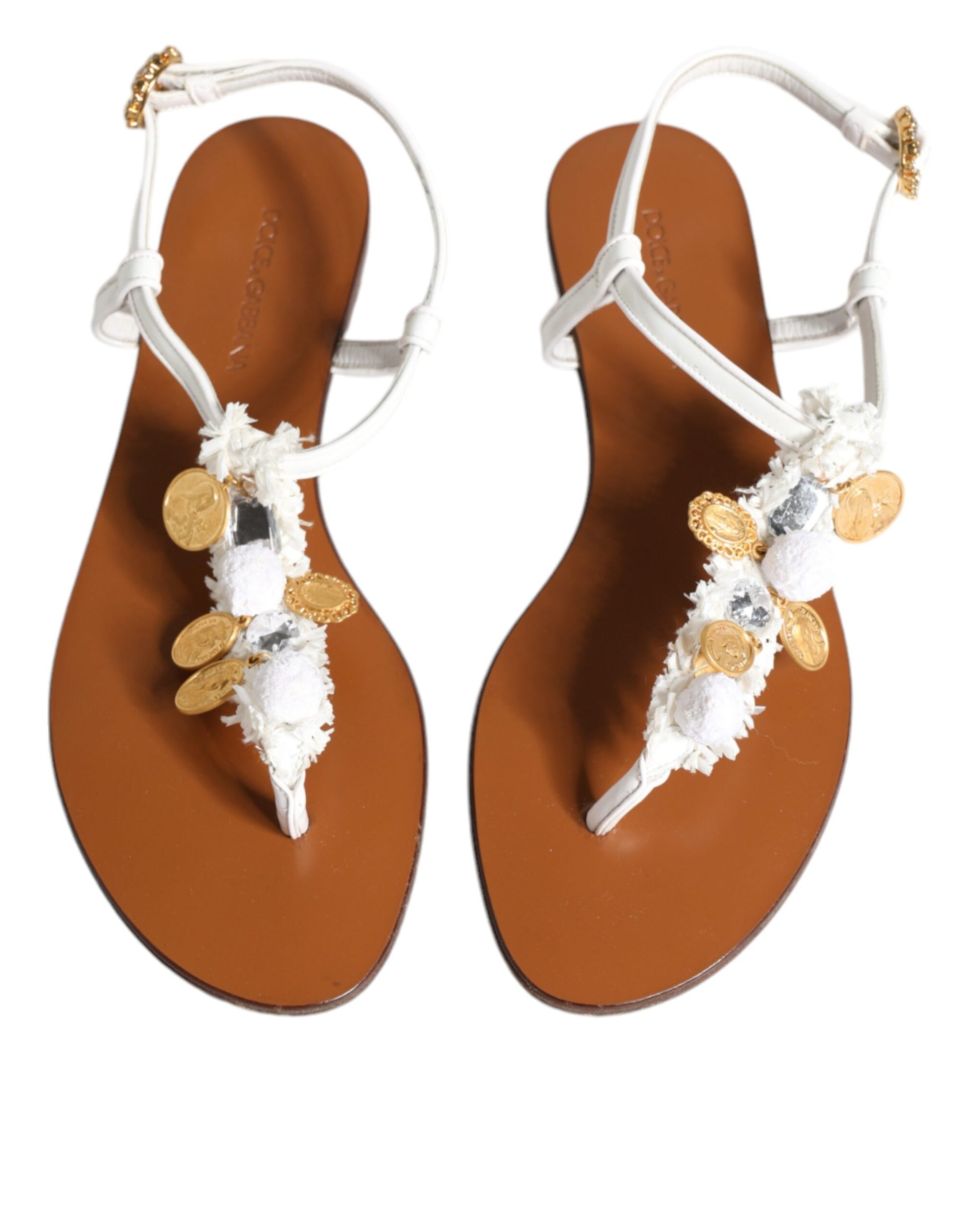 Dolce & Gabbana White Leather Coins Flip Flops Sandals Shoes