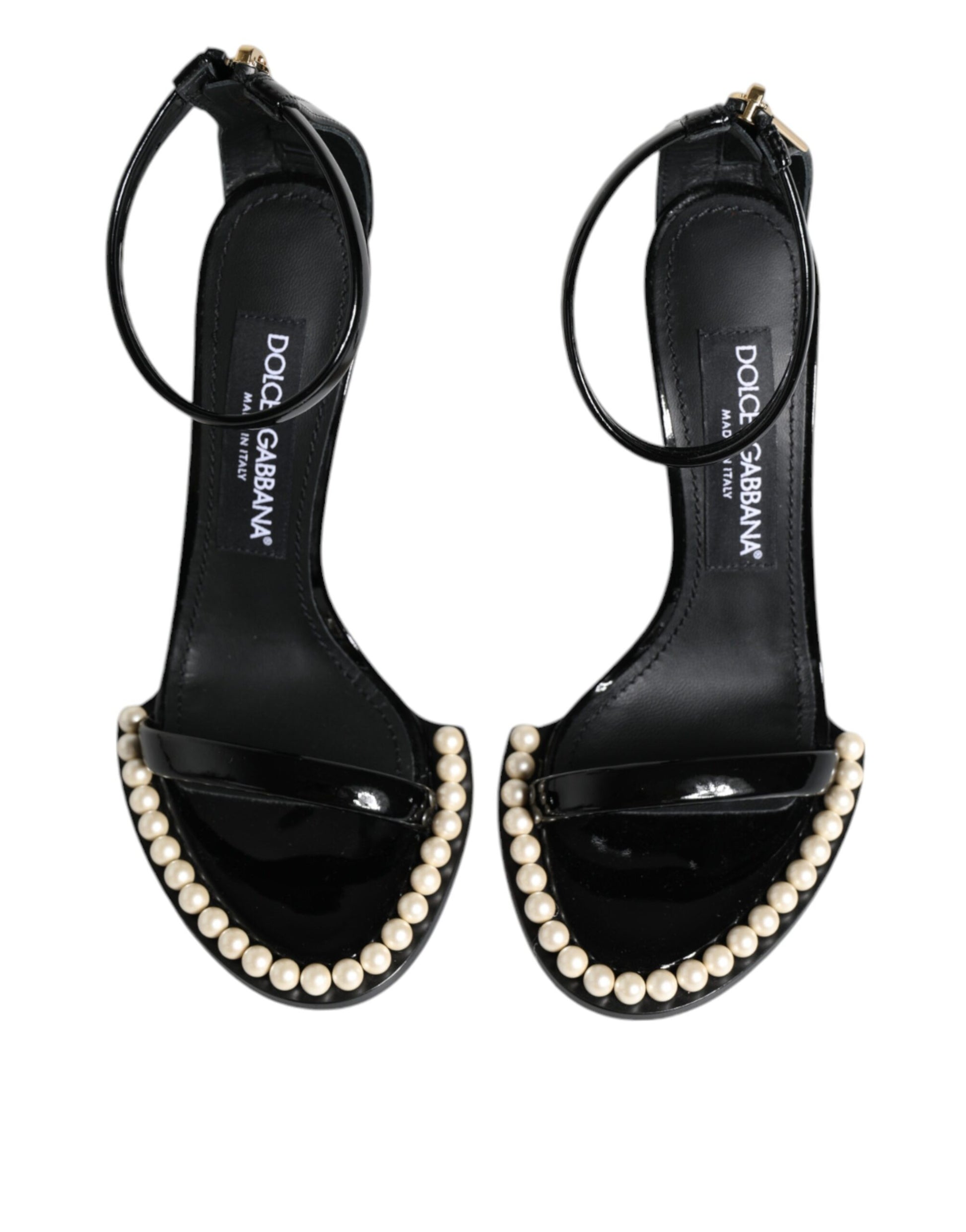 Dolce & Gabbana Black Keira Leather Faux Pearl Sandals Heels Shoes