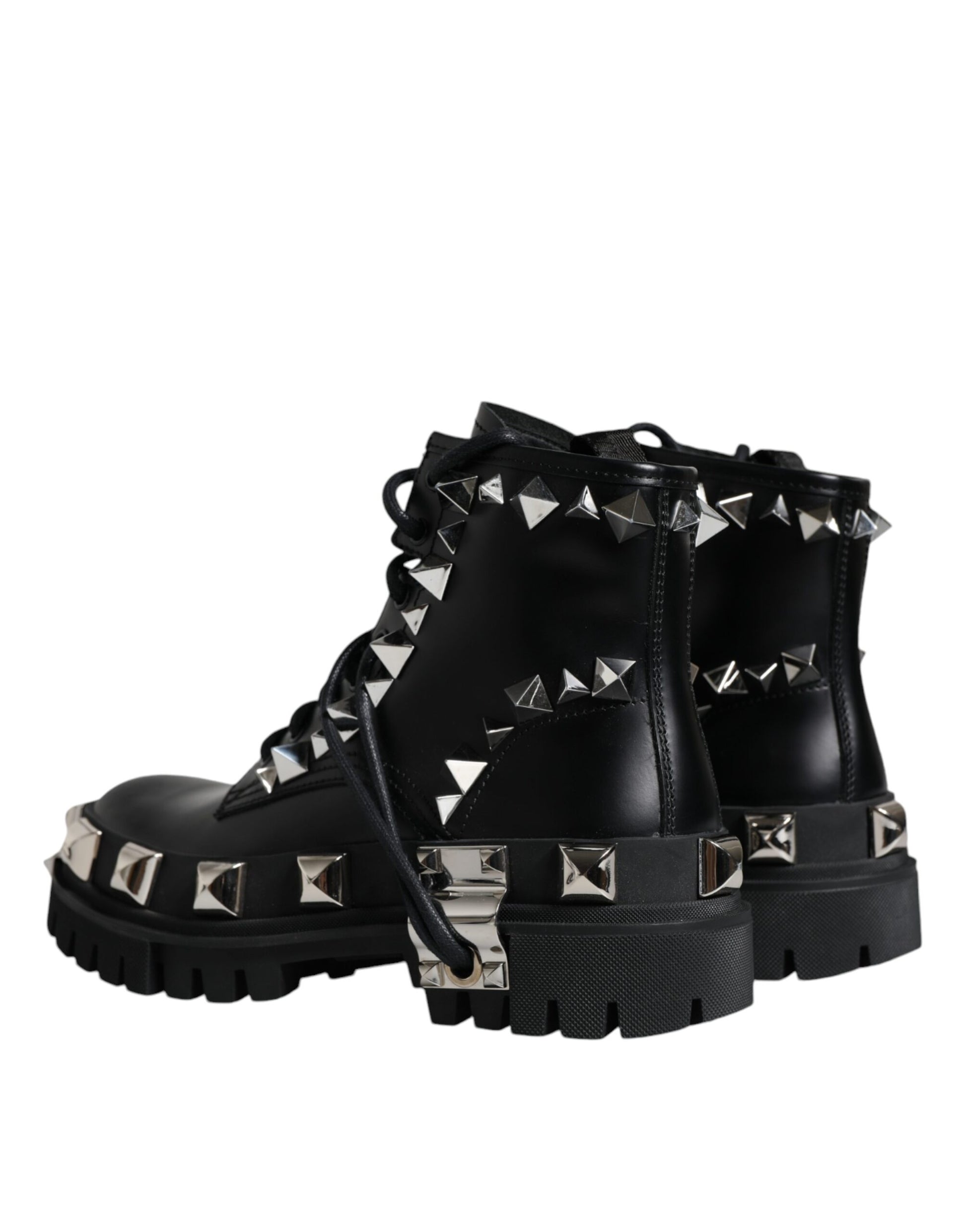 Dolce & Gabbana Black Leather Studded Trekking Boots Shoes