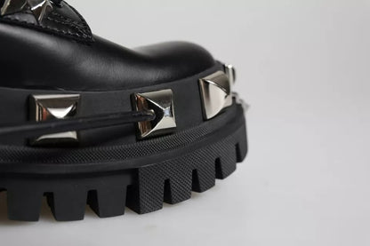 Dolce & Gabbana Black Leather Studded Trekking Boots Shoes