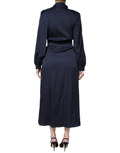 Ballantyne Dark Blue Long Sleeves Pleated A-line Maxi Dress