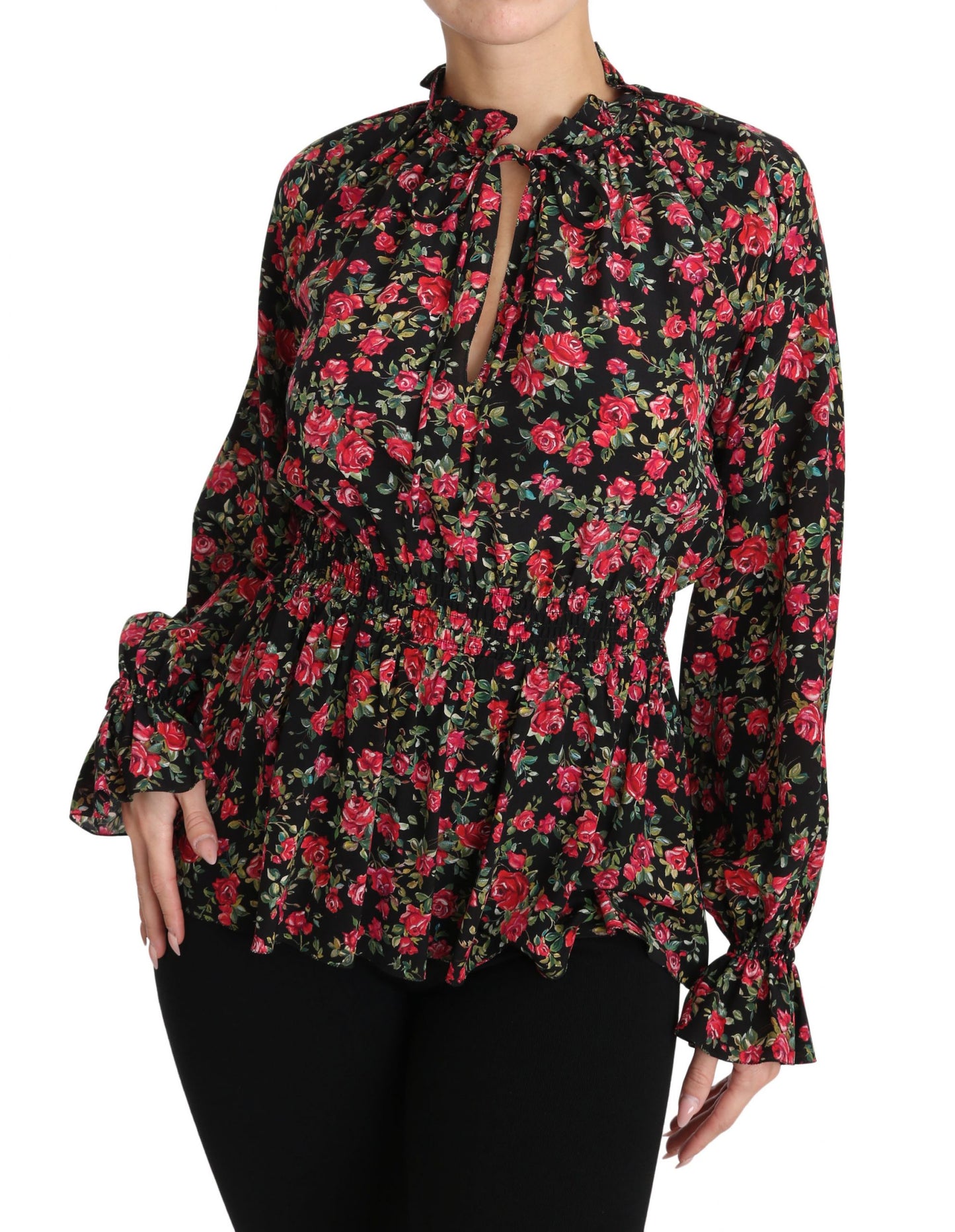 Camisa elegante de seda con estampado floral negro de Dolce &amp; Gabbana