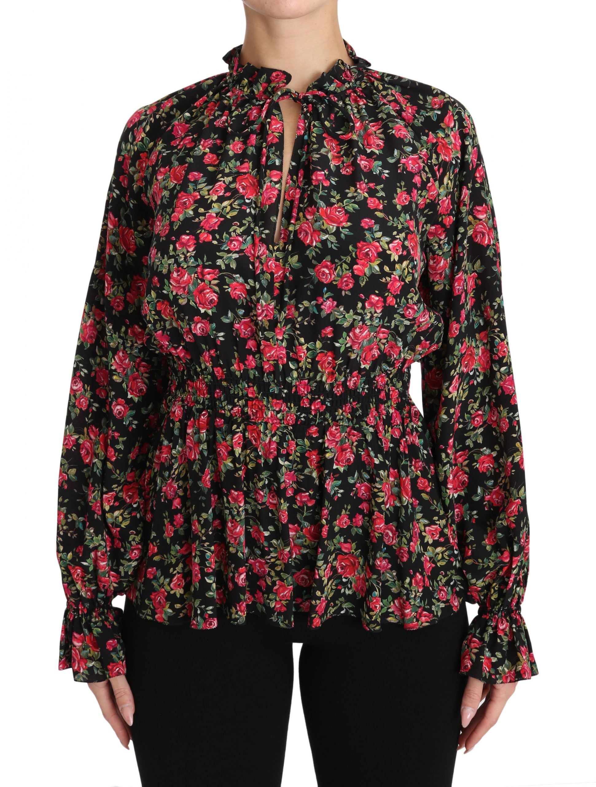 Camisa elegante de seda con estampado floral negro de Dolce &amp; Gabbana