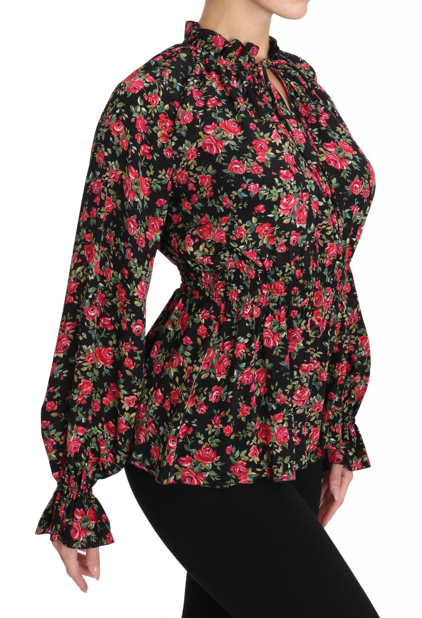 Camisa elegante de seda con estampado floral negro de Dolce &amp; Gabbana