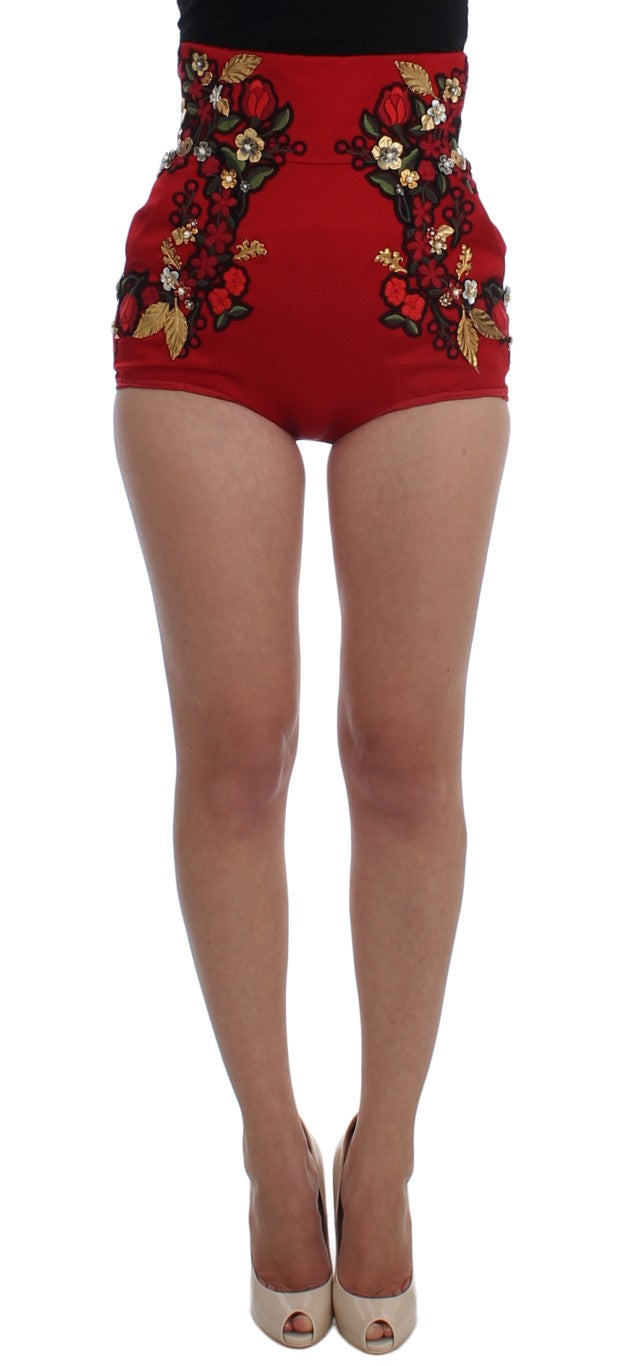 Mini shorts elegantes de seda roja con bordados de Dolce &amp; Gabbana