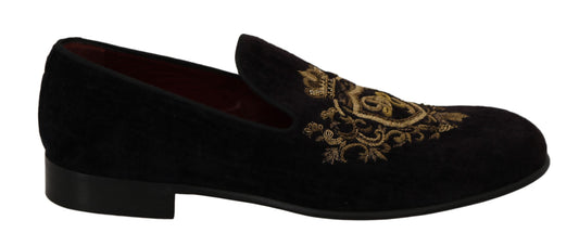 Mocasines elegantes negros con bordado de corona dorada de Dolce &amp; Gabbana