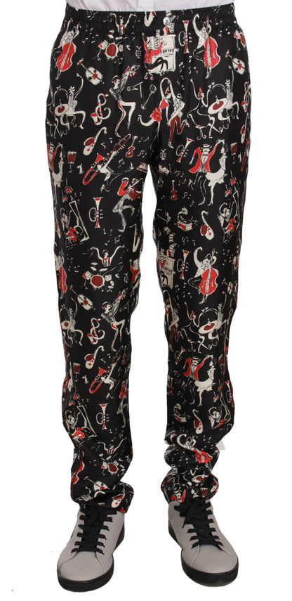 Pantalones elegantes de seda negra con estampado rojo de Dolce &amp; Gabbana