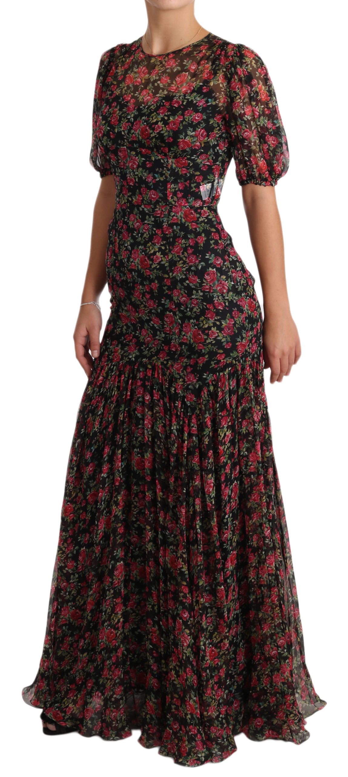 Elegante vestido de seda negra con estampado floral de Dolce &amp; Gabbana