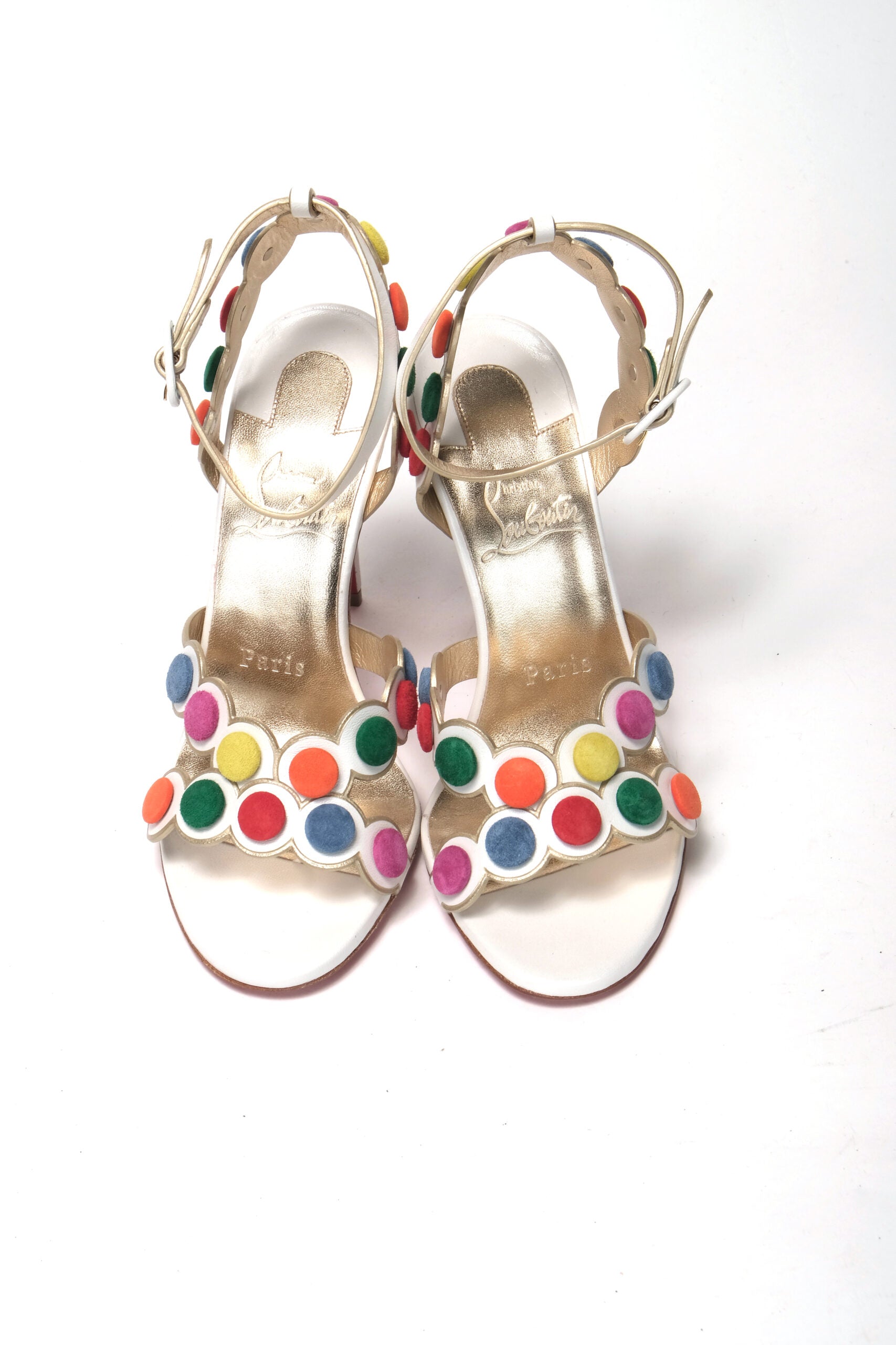 Sandalia de zapatos de tacón alto con diseño de lunares multicolores blancos