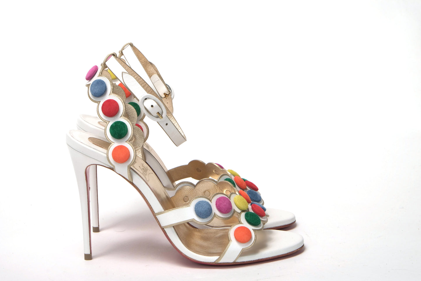 Sandalia de zapatos de tacón alto con diseño de lunares multicolores blancos